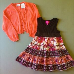 Pinky Dress Size 2T Cotton Tiered Brown Orange Purple + Cardigan Okie Dokie